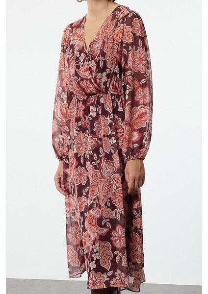 Moda Stil Relaxed Kruvaze Midi Boy Çiçekli Yaka A Kesim Şifon Astarlı Dokuma Elbise
