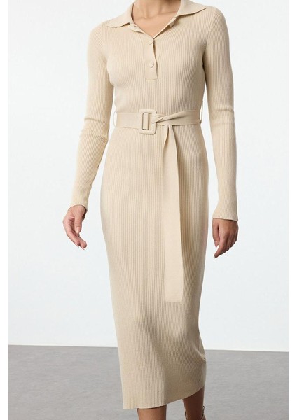 Moda Stil Regular Polo Yaka Midi Boy Kuşaklı Triko Elbise