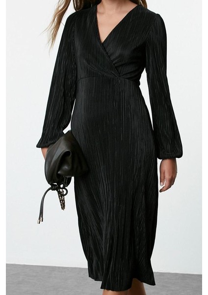 Moda Stil Regular Kruvaze Midi Boy Pilise Astarlı Anvelop Esnek Örme Elbise