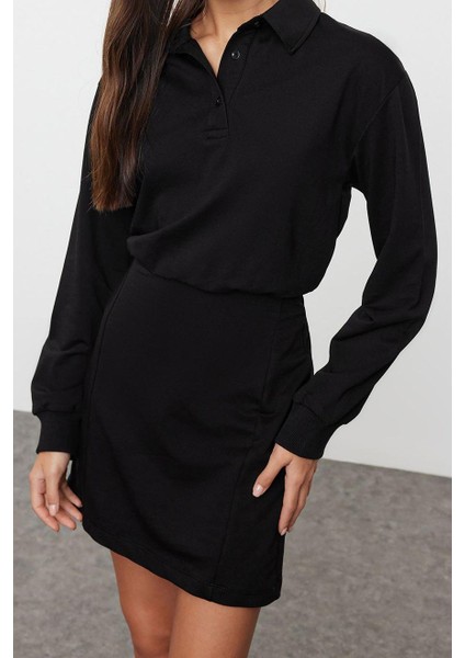 Moda Stil Regular Polo Yaka Mini Boy Düz Vücuda Oturan Örme Elbise