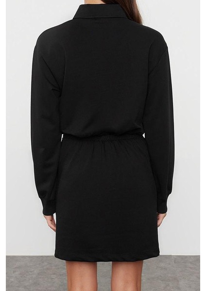 Moda Stil Regular Polo Yaka Mini Boy Düz Vücuda Oturan Örme Elbise