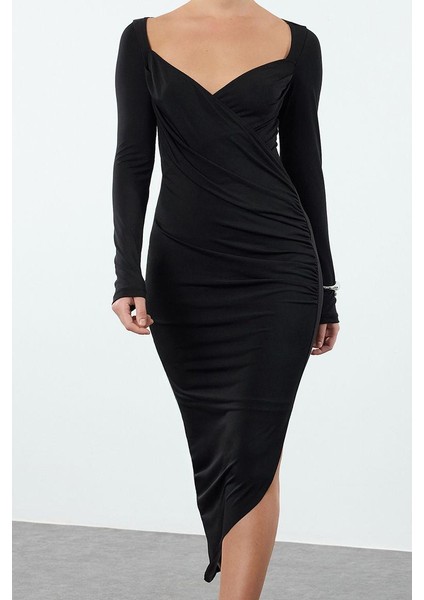 Moda Stil Slim Kalp Yaka Midi Boy Düz Büzgü Drapeli Asimetrik Fitted Vücuda Oturan Örme Elbise