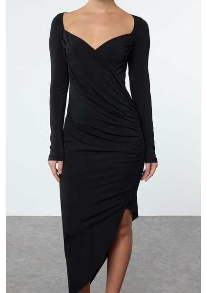 Moda Stil Slim Kalp Yaka Midi Boy Düz Büzgü Drapeli Asimetrik Fitted Vücuda Oturan Örme Elbise