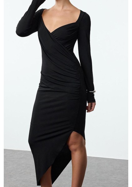 Moda Stil Slim Kalp Yaka Midi Boy Düz Büzgü Drapeli Asimetrik Fitted Vücuda Oturan Örme Elbise