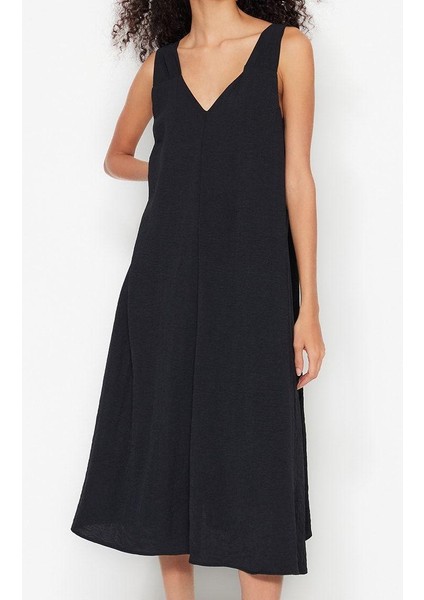 Moda Stil Relaxed V Yaka Midi Boy Rahat Kesim Dokuma Elbise
