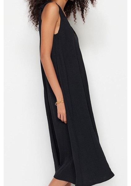 Moda Stil Relaxed V Yaka Midi Boy Rahat Kesim Dokuma Elbise