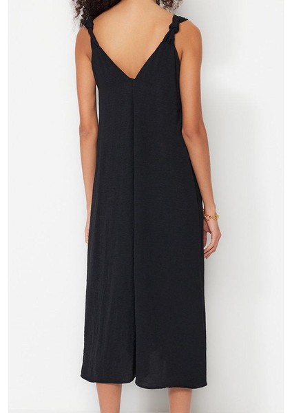 Moda Stil Relaxed V Yaka Midi Boy Rahat Kesim Dokuma Elbise