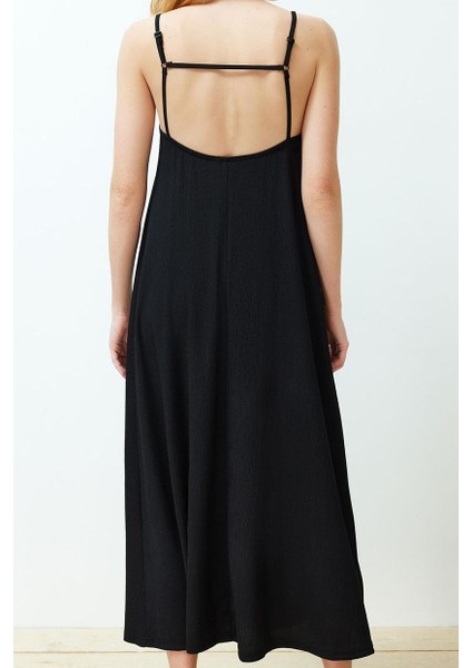 Moda Stil Relaxed Kare Yaka Maxi Boy Ayarlanabilir Askılı A-Line Bürümcük Dokulu Örme Elbise