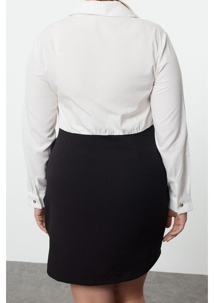 Moda Stil Fitted Gömlek Yaka Mini Boy Büyük Beden Düğmeli Dokuma Büyük Beden Gömlek Elbise