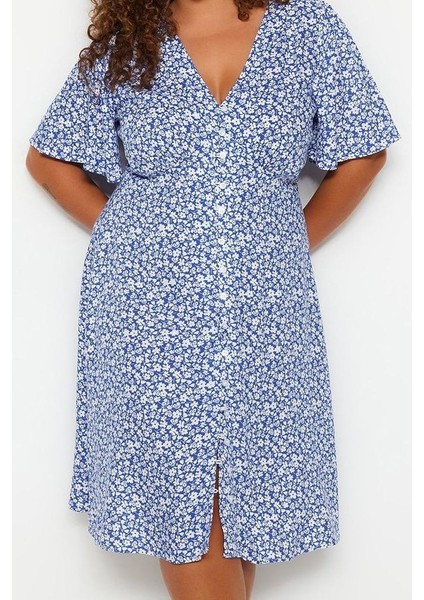 Moda Stil Relaxed V Yaka Midi Boy Büyük Beden Çiçekli Dokuma Elbise