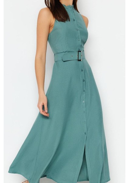 Moda Stil Regular Halter Yaka Maxi Boy Kemerli Dokuma Gömlek Elbise