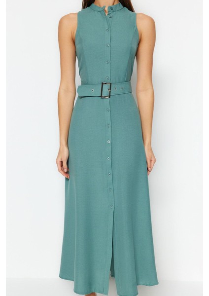 Moda Stil Regular Halter Yaka Maxi Boy Kemerli Dokuma Gömlek Elbise