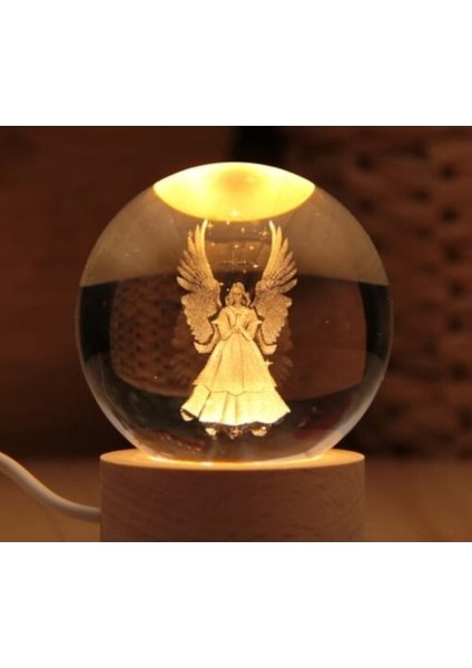 Ahşap Tabanlı Melek Tasarımlı Işıklı Cam Küre