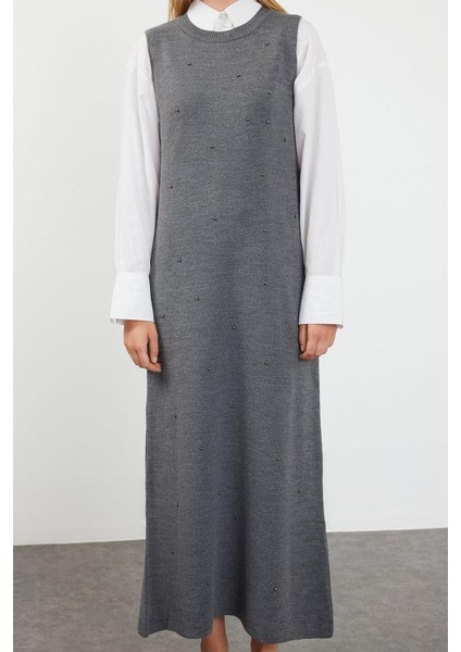 Moda Stil Regular Bisiklet Yaka Uzun Tesettür Incili Triko Elbise fırsatları