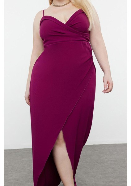 Moda Fitted Kalp Yaka Maxi Büyük Beden Yırtmaçlı Uzun Astarlı Abiye Gece Mezuniyet Nişan Elbise