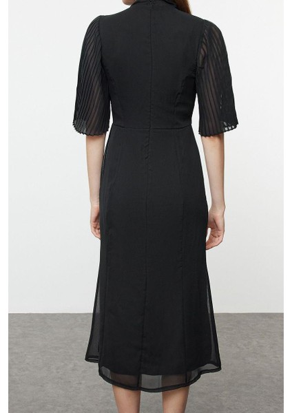 Moda Regular Dik Yaka Midi Boy Pilise Kollu Yakası Bağlamalı Astarlı Şifon Dokuma Kışlık Elbise indirimleri