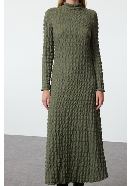 Moda Stil Regular Bisiklet Yaka Maxi Boy Düz Dokulu A-Line Esnek Örme Elbise