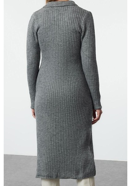 Moda Stil Regular Polo Yaka Midi Boy Triko Yumuşak Dokulu Elbise