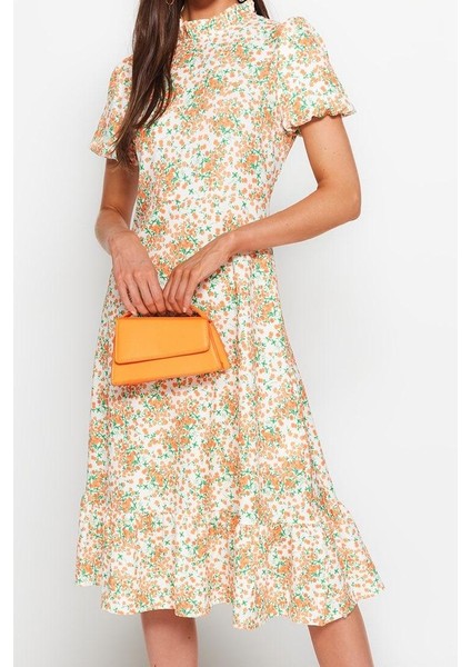 Moda Stil Regular Dik Yaka Midi Boy Çiçek Desenli A Kesim Volanlı Astarlı Dokuma Elbise