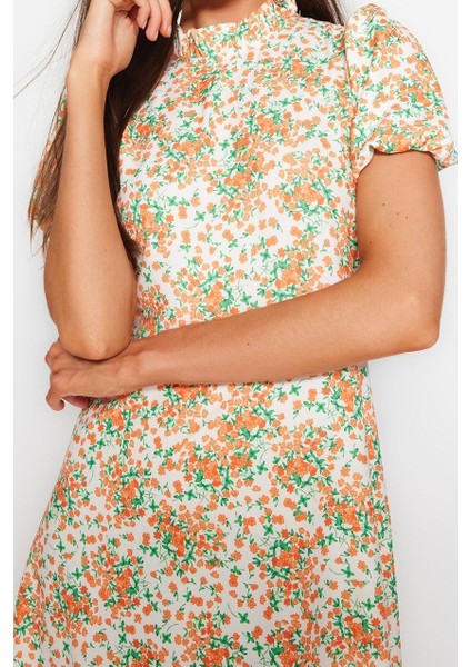 Moda Stil Regular Dik Yaka Midi Boy Çiçek Desenli A Kesim Volanlı Astarlı Dokuma Elbise fiyatları