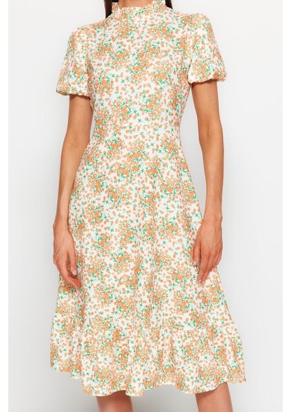 Moda Stil Regular Dik Yaka Midi Boy Çiçek Desenli A Kesim Volanlı Astarlı Dokuma Elbise modelleri