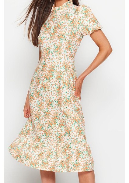 Moda Stil Regular Dik Yaka Midi Boy Çiçek Desenli A Kesim Volanlı Astarlı Dokuma Elbise fırsatları