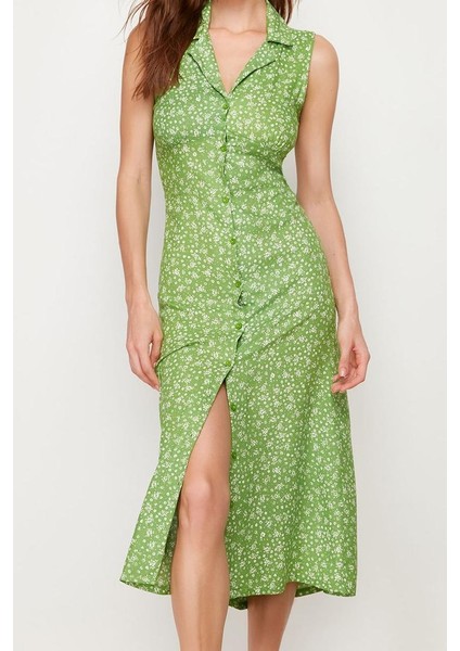 Moda Stil Regular Gömlek Yaka Midi Boy Çiçekli Viskon Dokuma Elbise