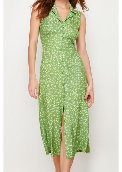 Moda Stil Regular Gömlek Yaka Midi Boy Çiçekli Viskon Dokuma Elbise