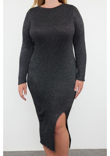 Moda Stil Fitted Bisiklet Yaka Midi Boy Büyük Beden Simli Fitilli Vücudu Saran Triko Elbise fırsatları