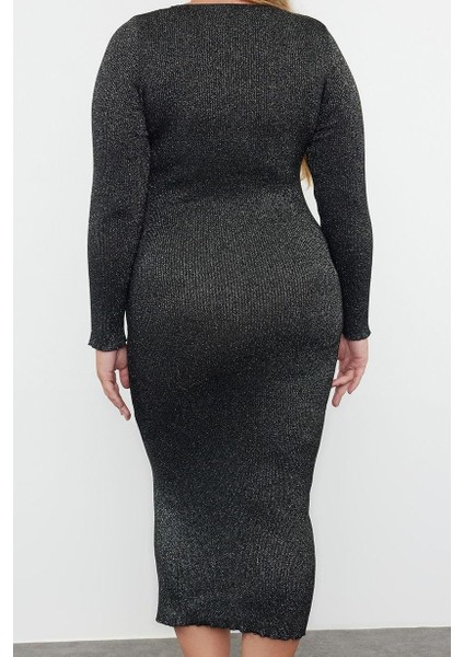 Moda Stil Fitted Bisiklet Yaka Midi Boy Büyük Beden Simli Fitilli Vücudu Saran Triko Elbise indirimleri