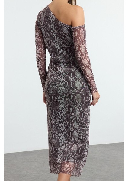 Moda Stil Slim Asimetrik Yaka Maxi Boy Leopar Baskılı Vücuda Oturan Esnek Örme Elbise indirimleri