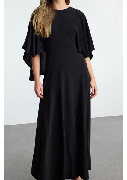 Moda Stil Relaxed Bisiklet Yaka Maxi Boy Kalıp Skater Esnek Örme Elbise