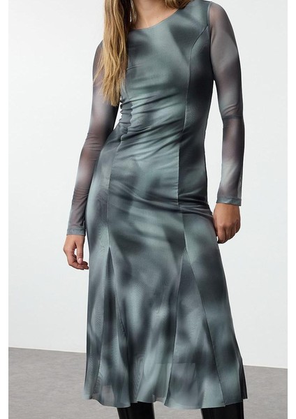Moda Stil Slim Bisiklet Yaka Midi Boy Soyut Soyut Desenli Etek Ucu Fıfrfırlı Örme Elbise