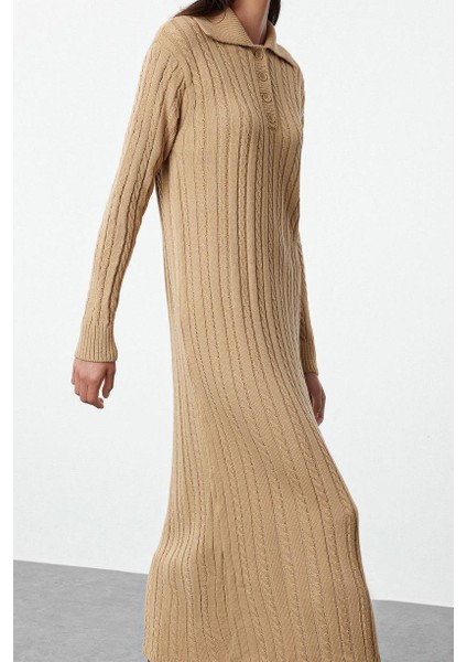 Moda Stil Regular Polo Yaka Maxi Boy Tesettür Saç Örgülü Triko Elbise