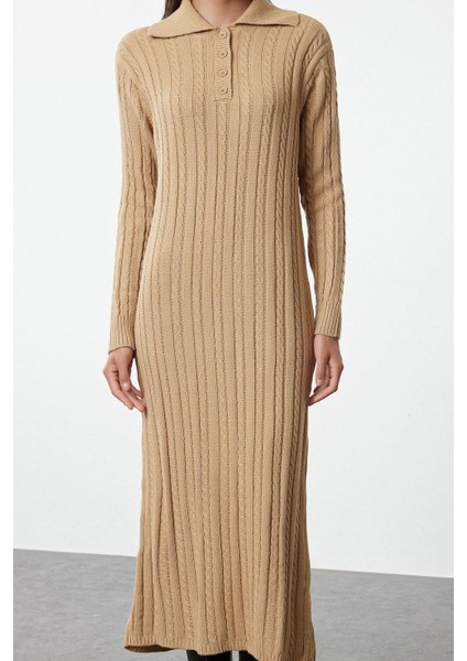 Moda Stil Regular Polo Yaka Maxi Boy Tesettür Saç Örgülü Triko Elbise fiyatları