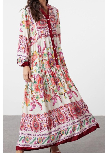 Moda Stil Relaxed Hakim Yaka Maxi Boy Tesettür Çiçekli Viskon Dokuma Elbise