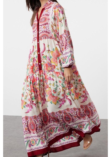 Moda Stil Relaxed Hakim Yaka Maxi Boy Tesettür Çiçekli Viskon Dokuma Elbise fırsatları