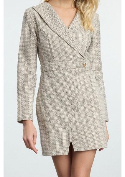 Moda Stil Regular Ceket Yaka Mini Boy Ekose Kareli Dokuma Elbise