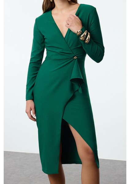 Moda Stil Regular Kruvaze Midi Boy Aksesuar Detaylı Dokuma Elbise
