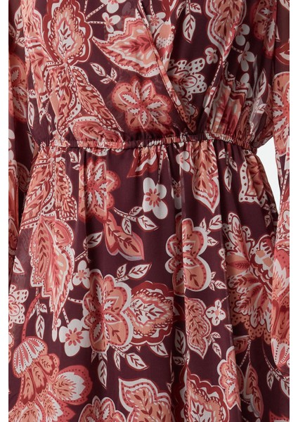 Moda Stil Relaxed Kruvaze Midi Boy Çiçekli Yaka A Kesim Şifon Astarlı Dokuma Elbise fiyatları