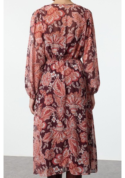 Moda Stil Relaxed Kruvaze Midi Boy Çiçekli Yaka A Kesim Şifon Astarlı Dokuma Elbise indirimleri