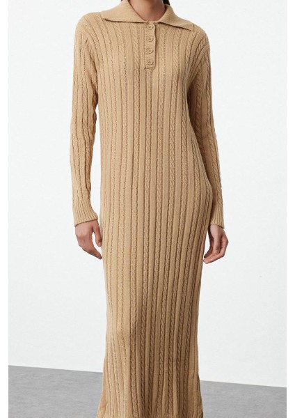 Moda Stil Regular Polo Yaka Maxi Boy Tesettür Saç Örgülü Triko Elbise modelleri