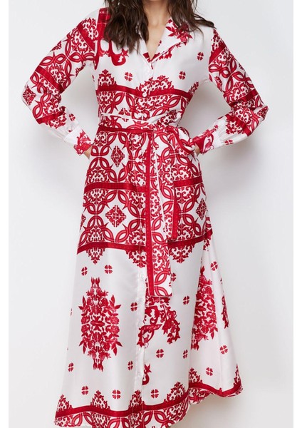 Moda Stil Regular Gömlek Yaka Maxi Boy Tesettür Dokuma Saten Desenli Gömlek Abiye Elbise fiyatları