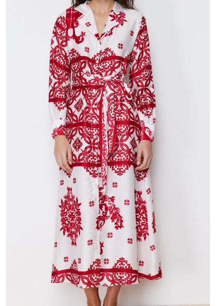 Moda Stil Regular Gömlek Yaka Maxi Boy Tesettür Dokuma Saten Desenli Gömlek Abiye Elbise modelleri