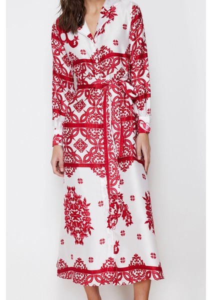 Moda Stil Regular Gömlek Yaka Maxi Boy Tesettür Dokuma Saten Desenli Gömlek Abiye Elbise fırsatları