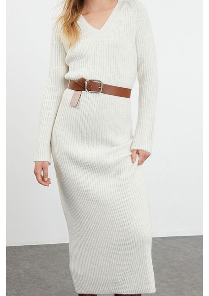 Moda Stil Regular V Yaka Maxi Boy Triko Yünlü Basic Elbise