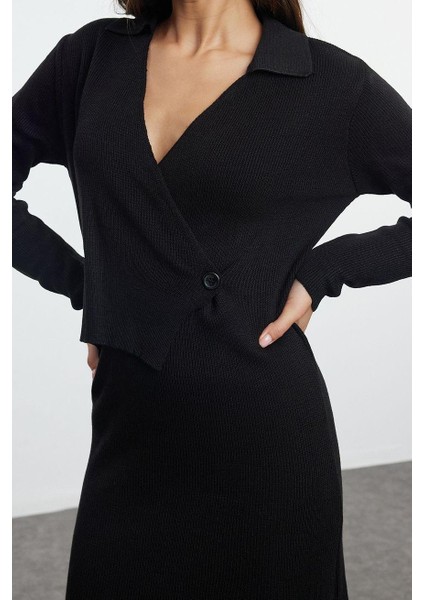 Moda Stil Regular Kruvaze Midi Boy Triko Düz Elbise