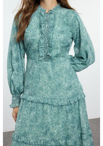 Moda Stil Oversize Bisiklet Yaka Uzun Tesettür Desenli Fırfırlı Dokuma Elbise fırsatları