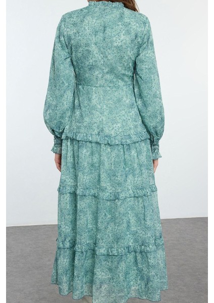 Moda Stil Oversize Bisiklet Yaka Uzun Tesettür Desenli Fırfırlı Dokuma Elbise indirimleri