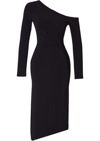 Moda Slim Asimetrik Yaka Maxi Boy Limited Editon Omzu Açık Vücuda Oturan Drapeli Esnek Örme Elbise modelleri